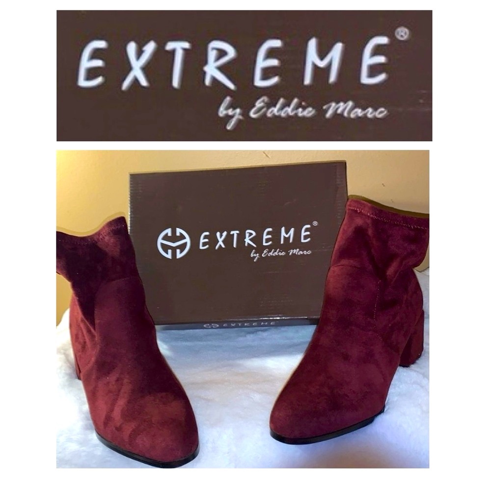 🎯 Burgundy Faux Suede Boots Block Heel by EXTREME by Eddie Marc NIB 8